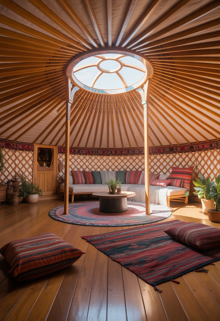 Interior of a decorated yurt with wooden frame, colorful cushions, woven rugs, traditional textiles, plants, and natural light coming through a central skylight.