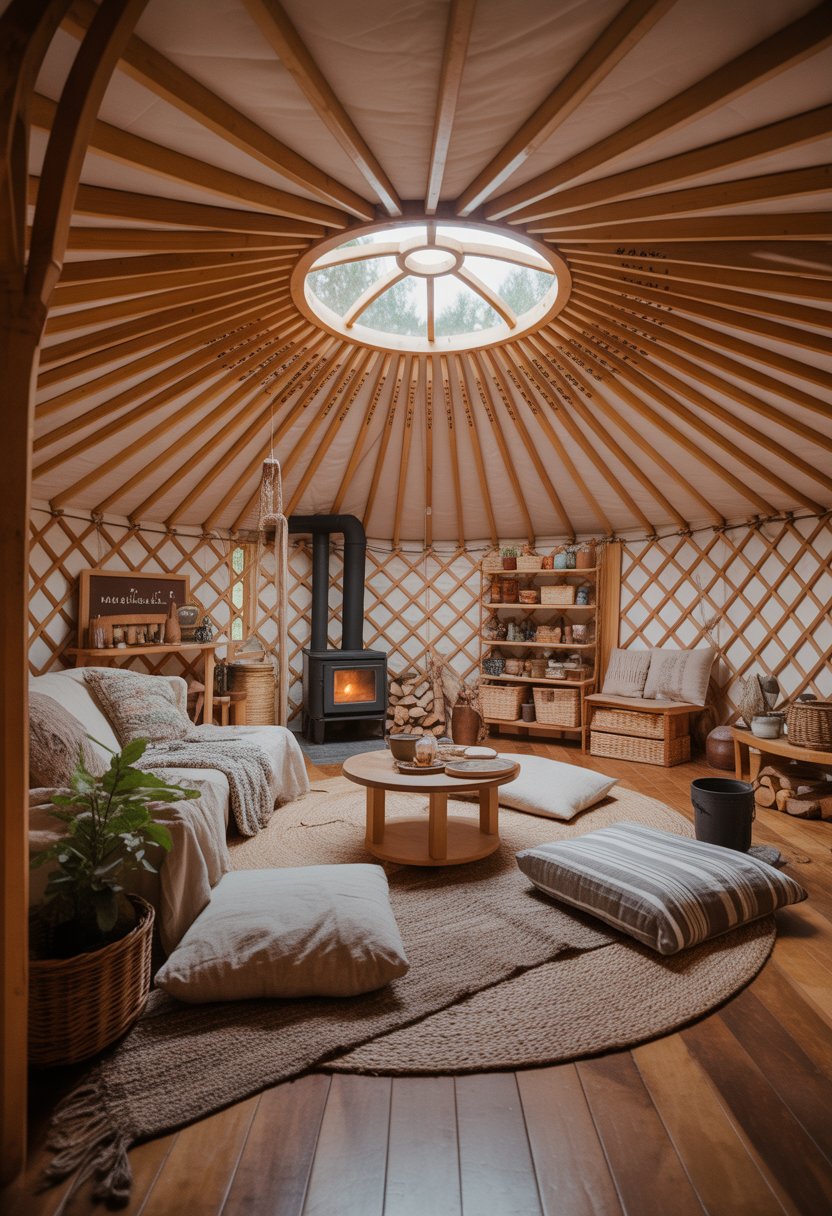 Interior of a yurt with wooden walls, a central skylight, seating area with cushions, rugs, wood stove, and plants.