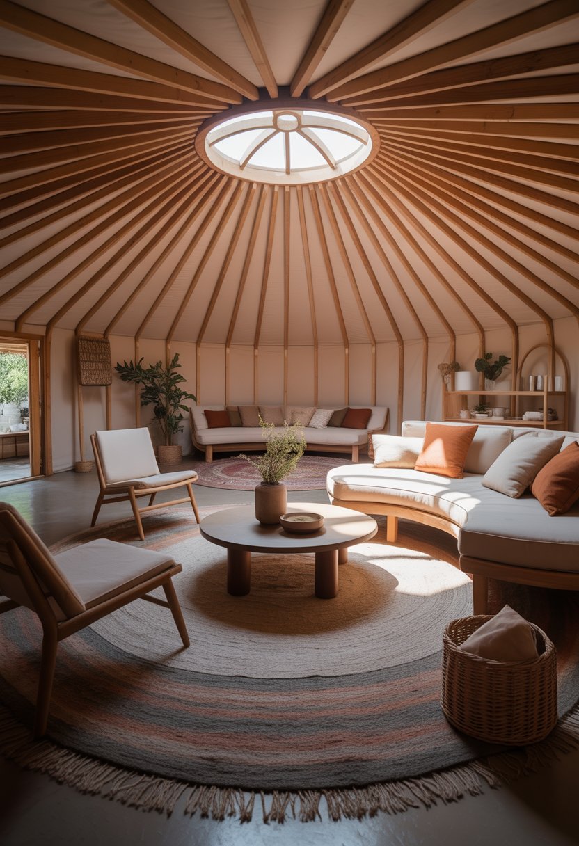 Interior of a round yurt with curved sofa, round coffee table, plants, and layered rugs arranged to fit the circular space.