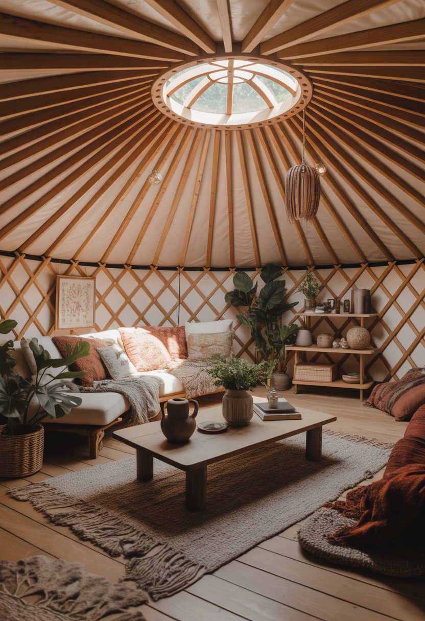 Interior of a yurt with wooden beams, cozy seating, rugs, plants, and decorative objects arranged in a circular layout.