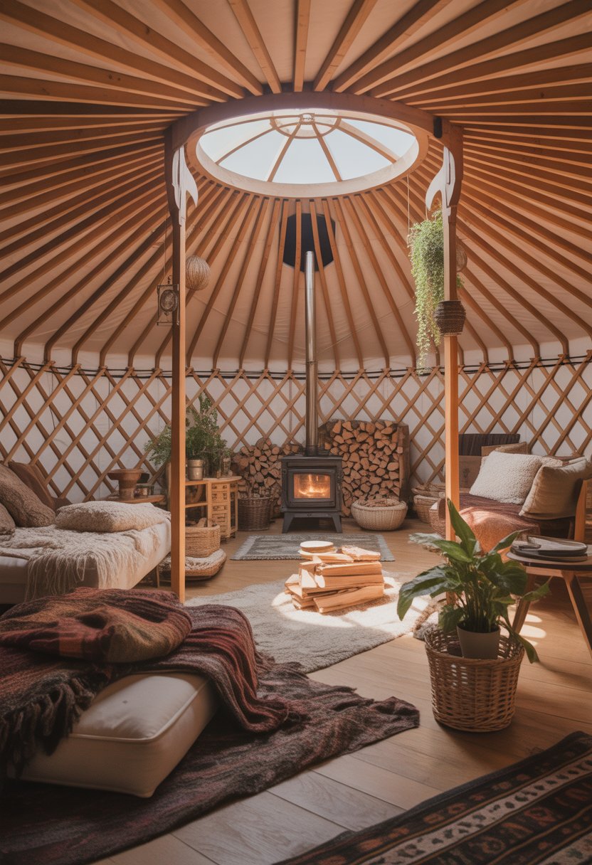 Interior of a yurt with natural light, cozy rugs, cushions, a wood stove, and decorative plants creating a warm and comfortable living space.