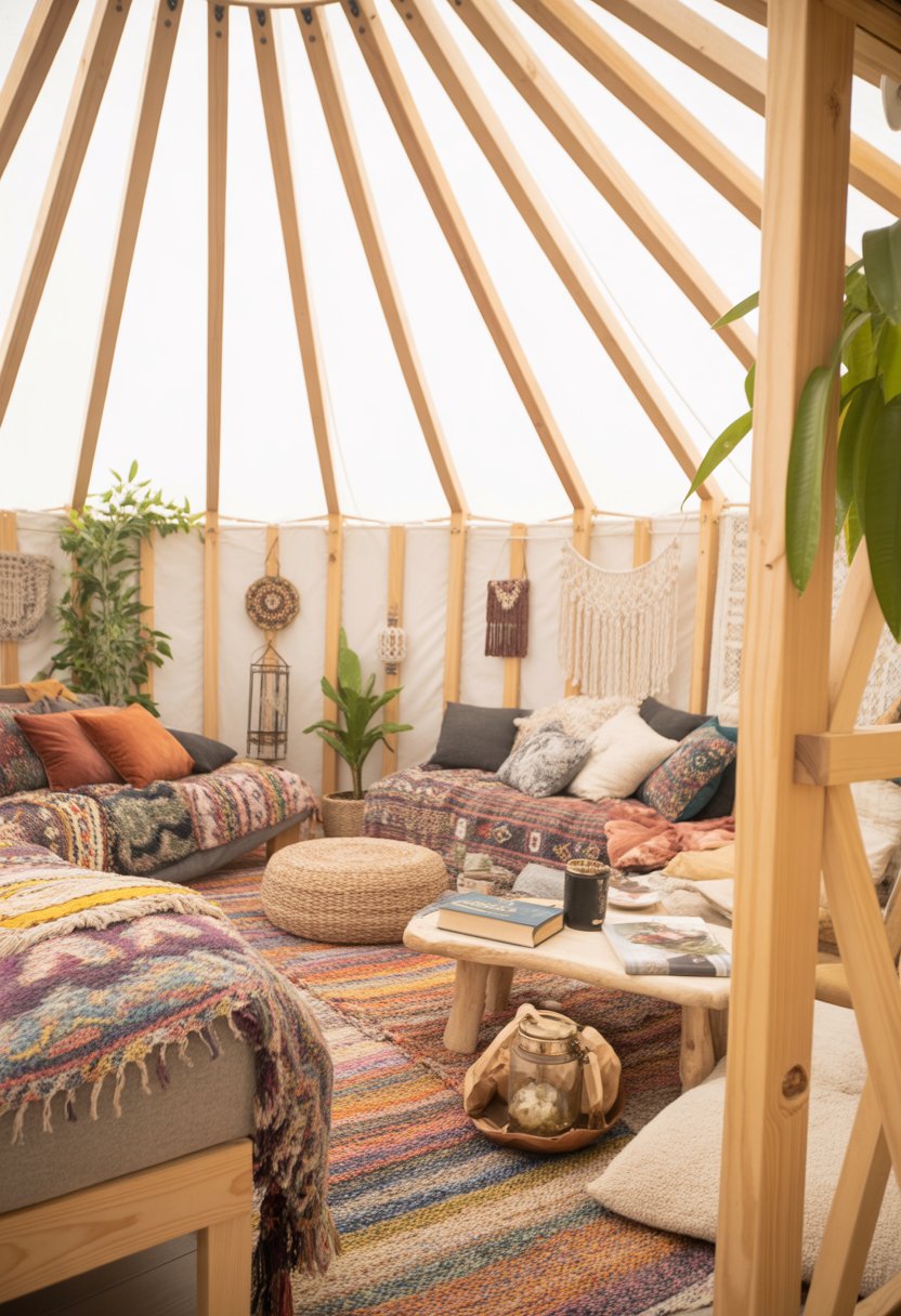 Interior of a yurt decorated with colorful rugs, cushions, plants, and wooden furniture creating a cozy living space.