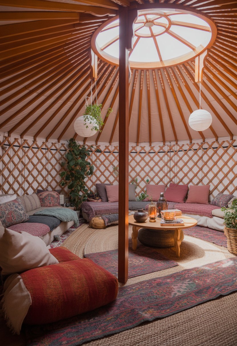 Interior of a yurt decorated with rugs, cushions, plants, and lanterns, showing a cozy and inviting space.