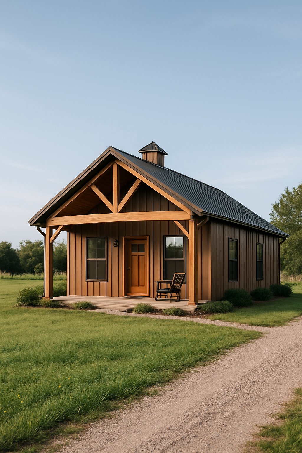 One Bedroom Barndominium Plans Designed for Efficient Living and Style 3 A one-bedroom barndominium house with metal siding and a front porch set in a rural grassy area under a clear sky.
