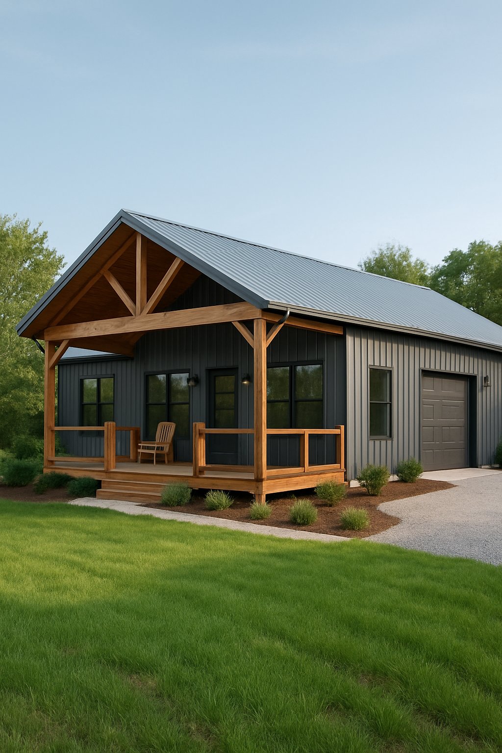 One Bedroom Barndominium Plans Designed for Efficient Living and Style 4 Exterior view of a one-bedroom barndominium with a covered porch, metal siding, and surrounding yard under clear daylight.