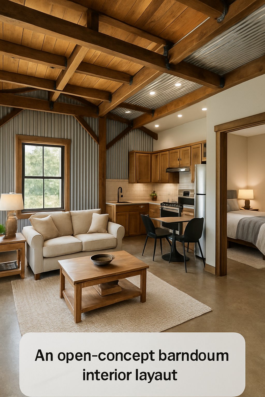 One Bedroom Barndominium Plans Designed for Efficient Living and Style 5 Interior view of a one-bedroom barndominium showing an open living area, kitchen, and bedroom with rustic wooden beams and modern furnishings.