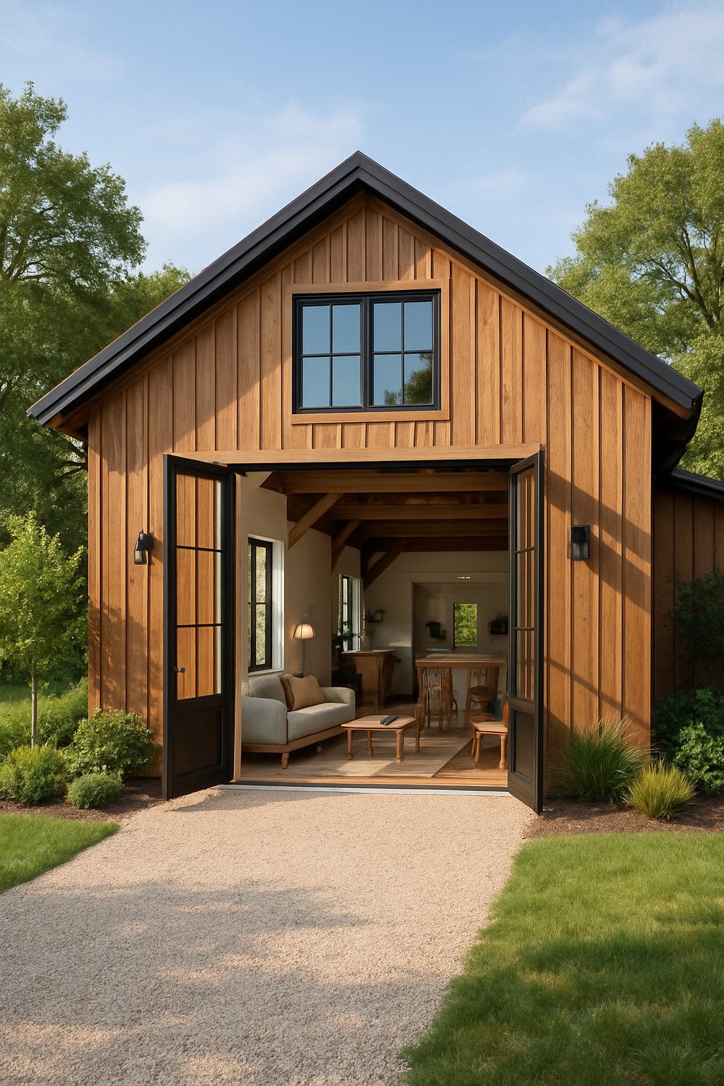 One Bedroom Barndominium Plans Designed for Efficient Living and Style 6 A modern one-story barn-style home with a cozy living area visible through open doors, surrounded by greenery and a gravel driveway.
