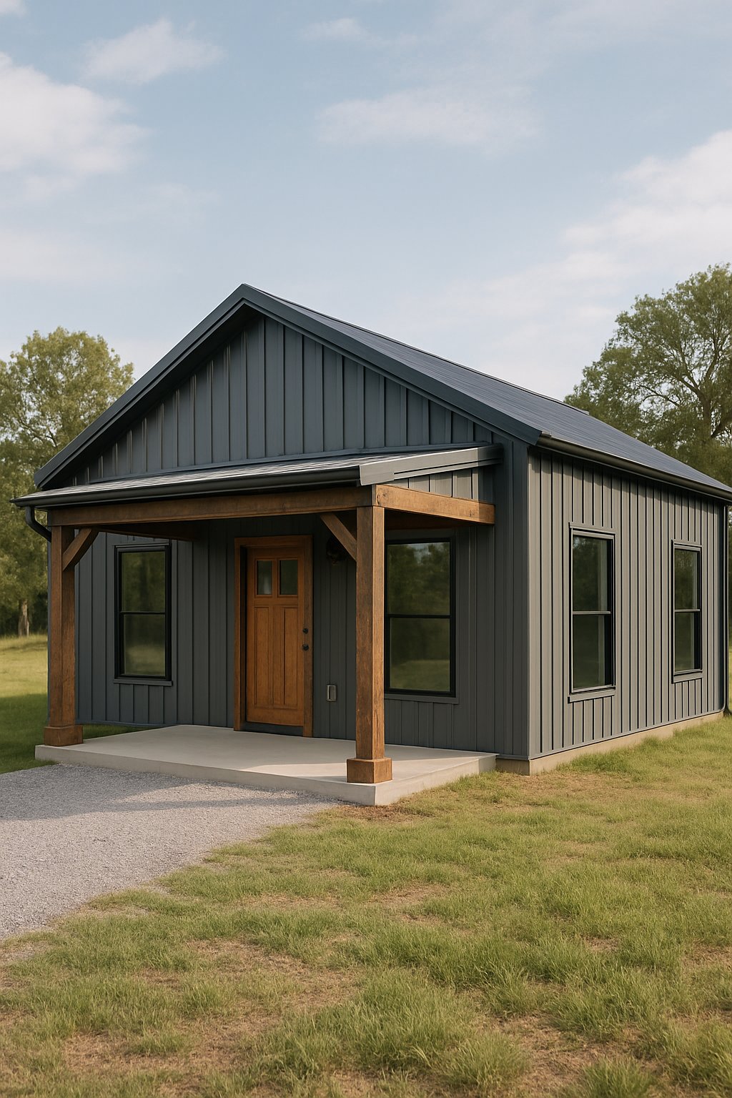 One Bedroom Barndominium Plans Designed for Efficient Living and Style 7 A modern one-bedroom barndominium house in a rural setting with a gravel driveway and green grass.