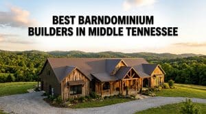 Best barndominium builders in Middle Tennessee showcasing a beautiful metal-roofed barndominium home surrounded by rolling green hills