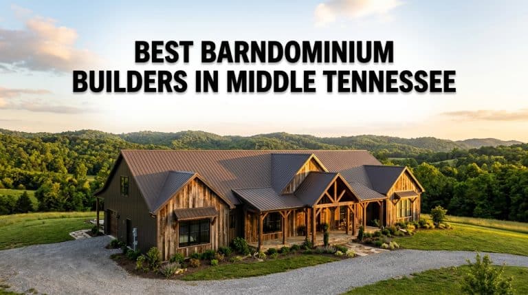 Best barndominium builders in Middle Tennessee showcasing a beautiful metal-roofed barndominium home surrounded by rolling green hills