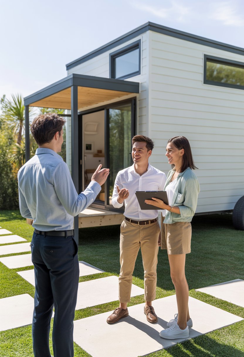 A real estate agent showing a modern tiny home to a young couple outdoors on a sunny day.