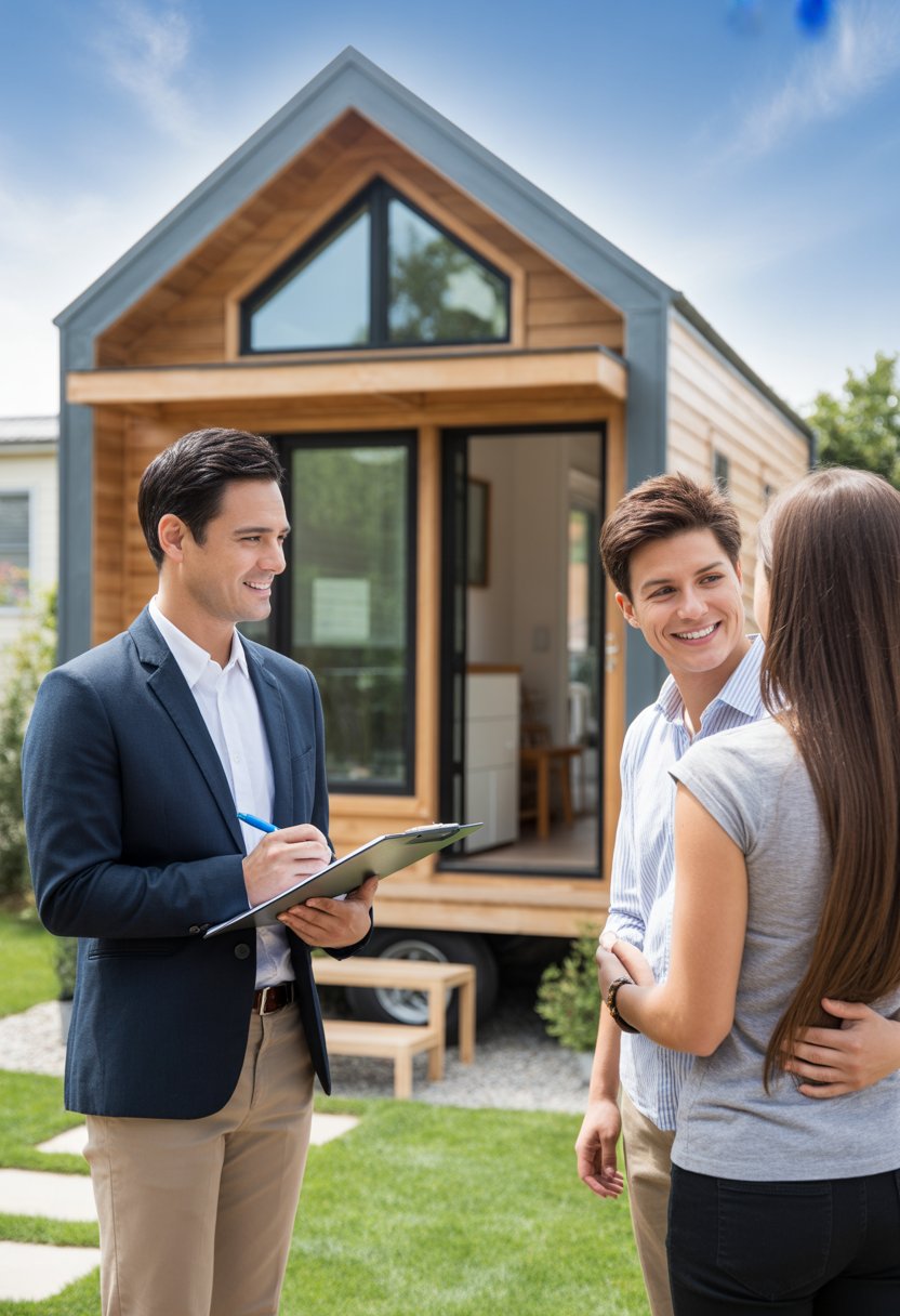 A real estate agent talks with a young couple outside a modern tiny home surrounded by greenery.