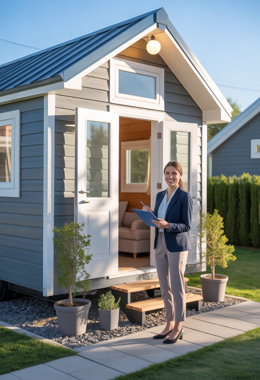 A professional real estate agent stands outside a well-kept tiny home with plants and a clear pathway, ready to assist buyers.