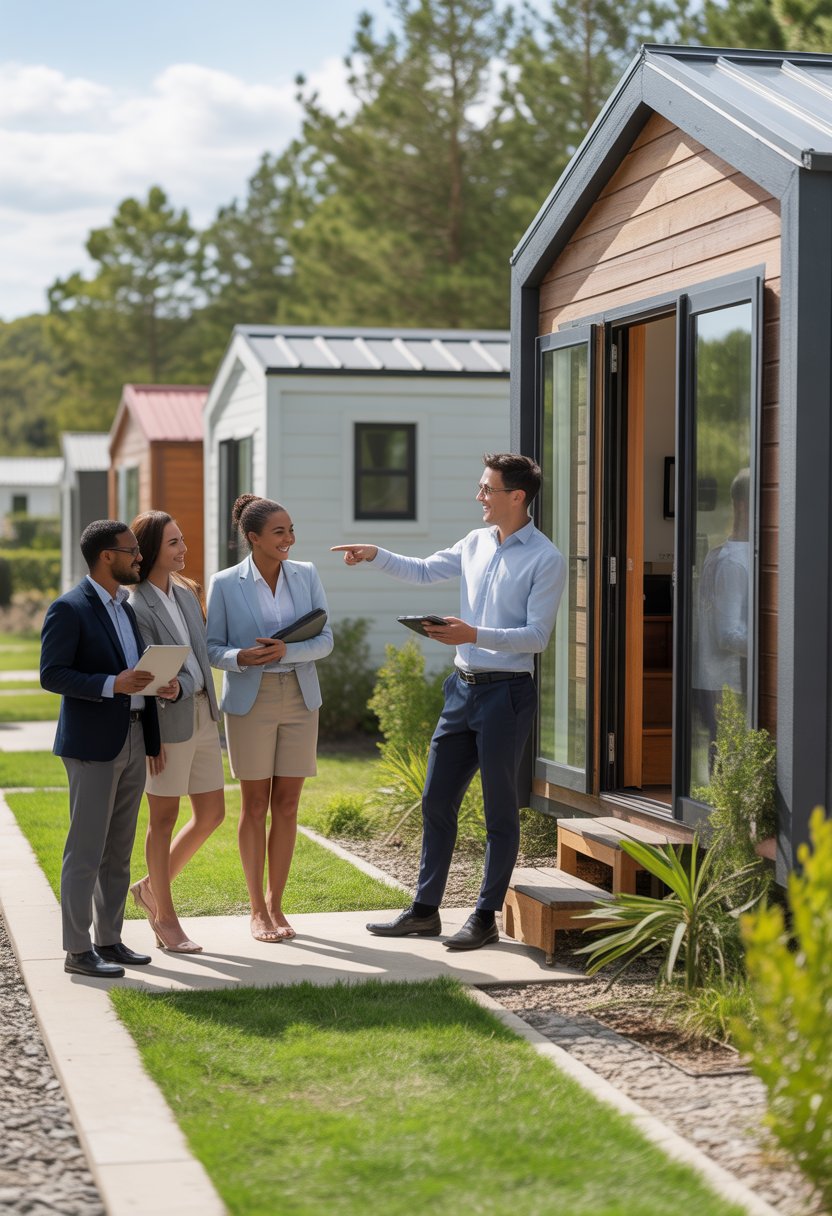 Three real estate agents discussing a tiny home with a young couple outside a modern tiny house in a neighborhood.