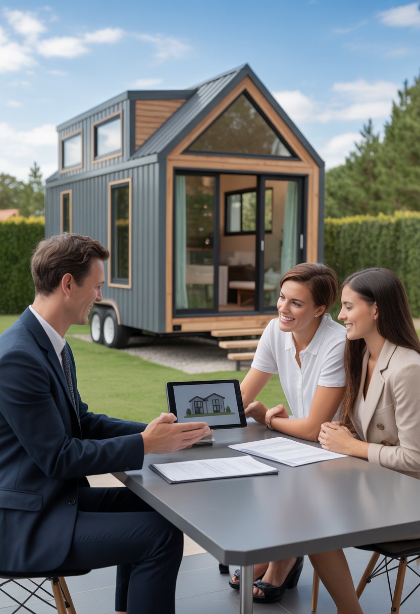 A real estate agent and a young couple discussing documents at a table with a tiny home in the background.