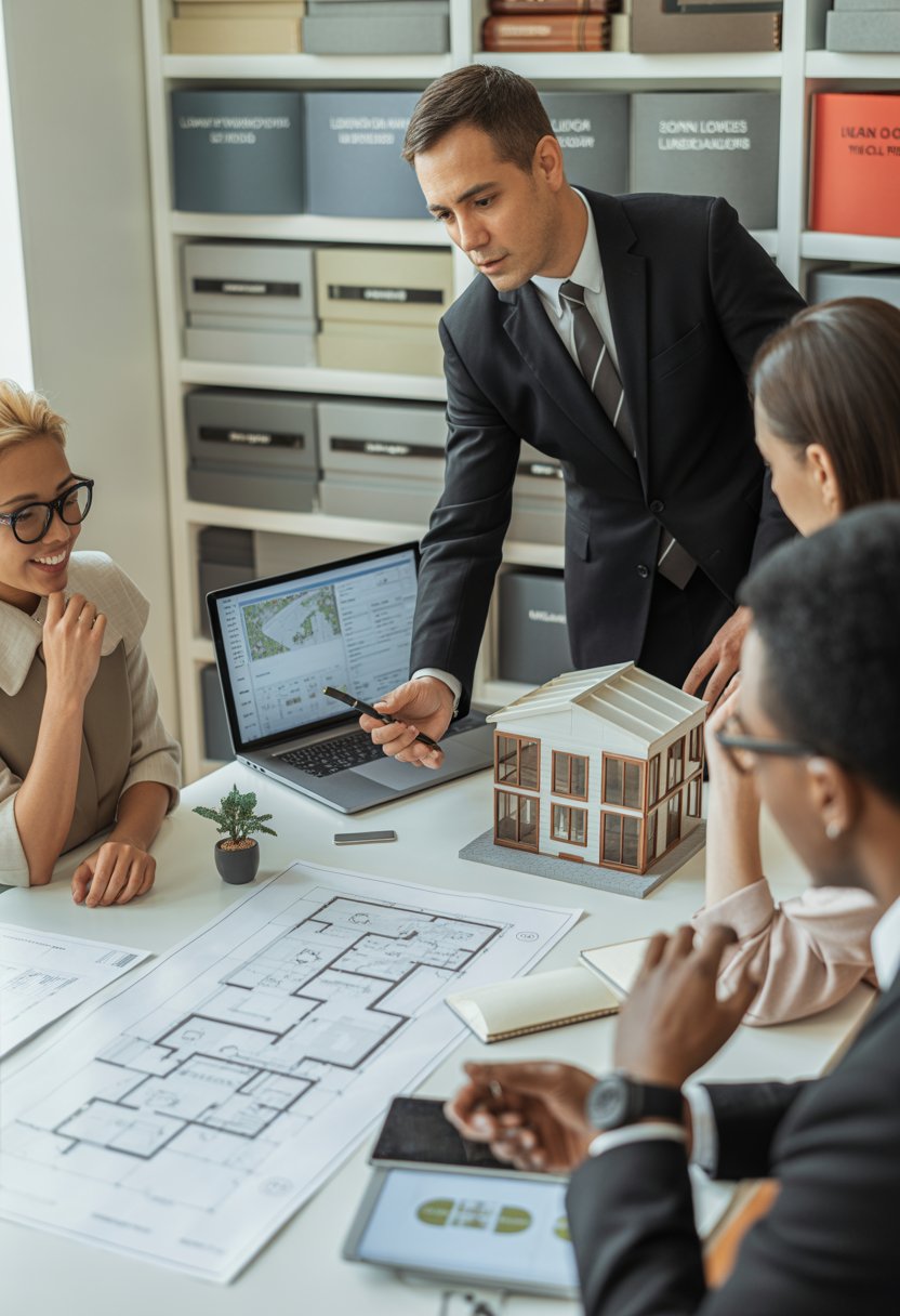 A group of professionals reviewing blueprints, zoning maps, and a tiny home model in an office setting.