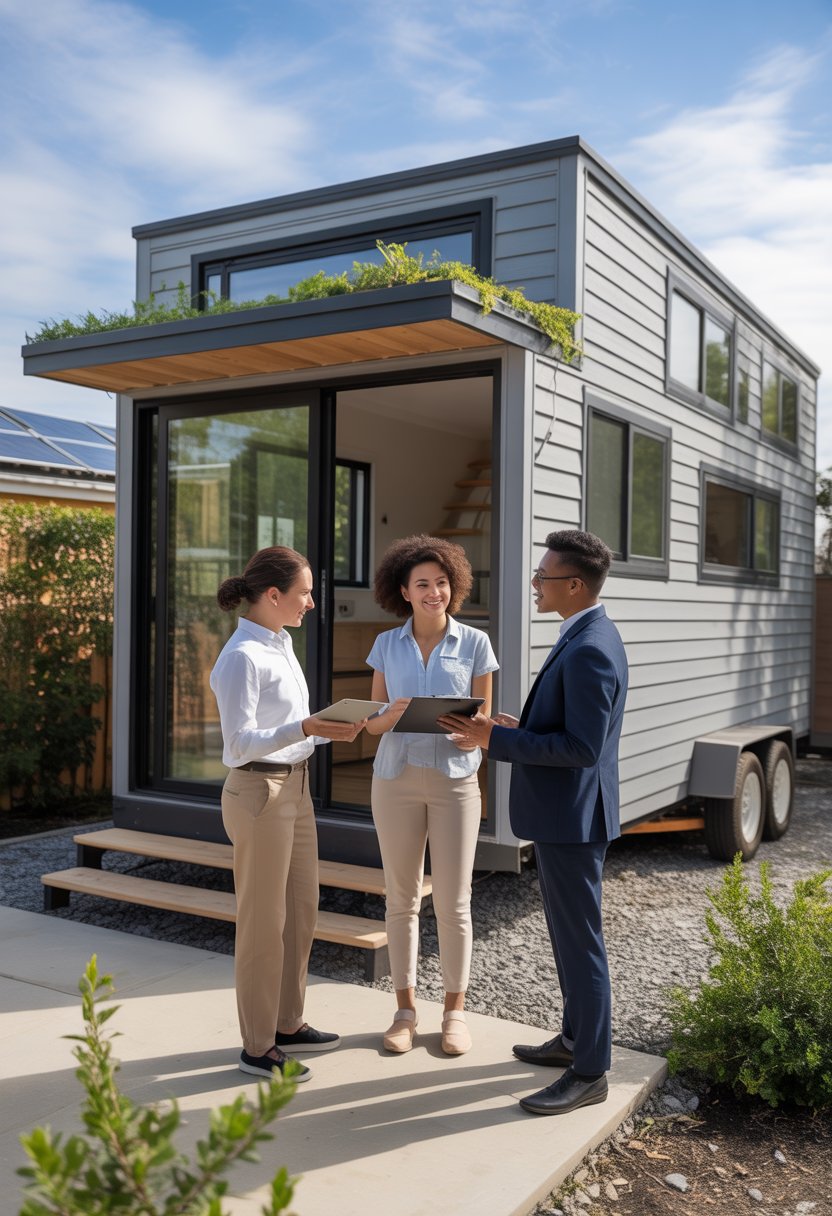 A small modern tiny home with two real estate agents talking to a young couple outside on a sunny day.