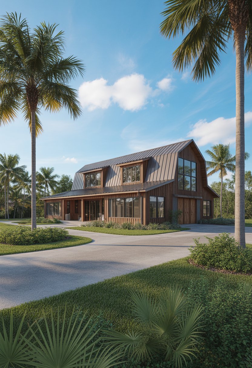 A modern barndominium house surrounded by palm trees and greenery under a clear blue sky in Florida.