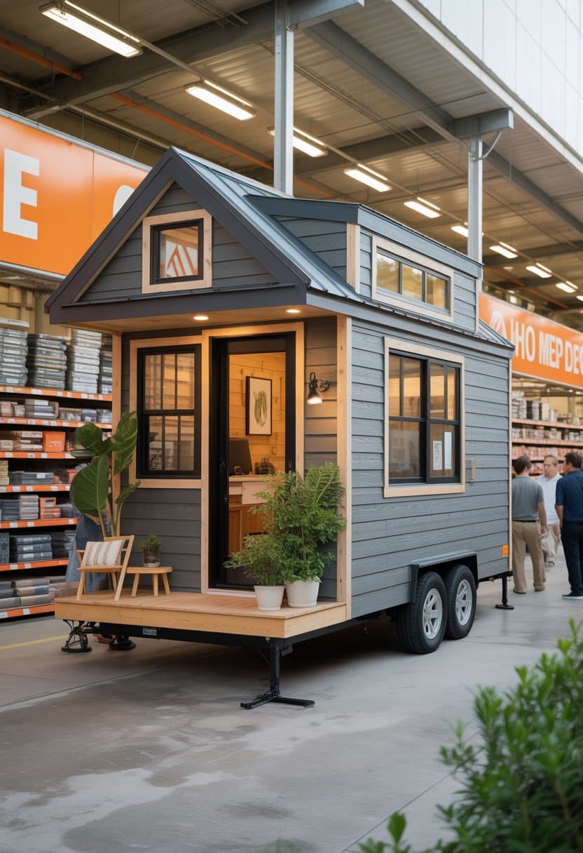 A compact tiny home displayed outdoors in a home improvement store setting with customers and shelves in the background.