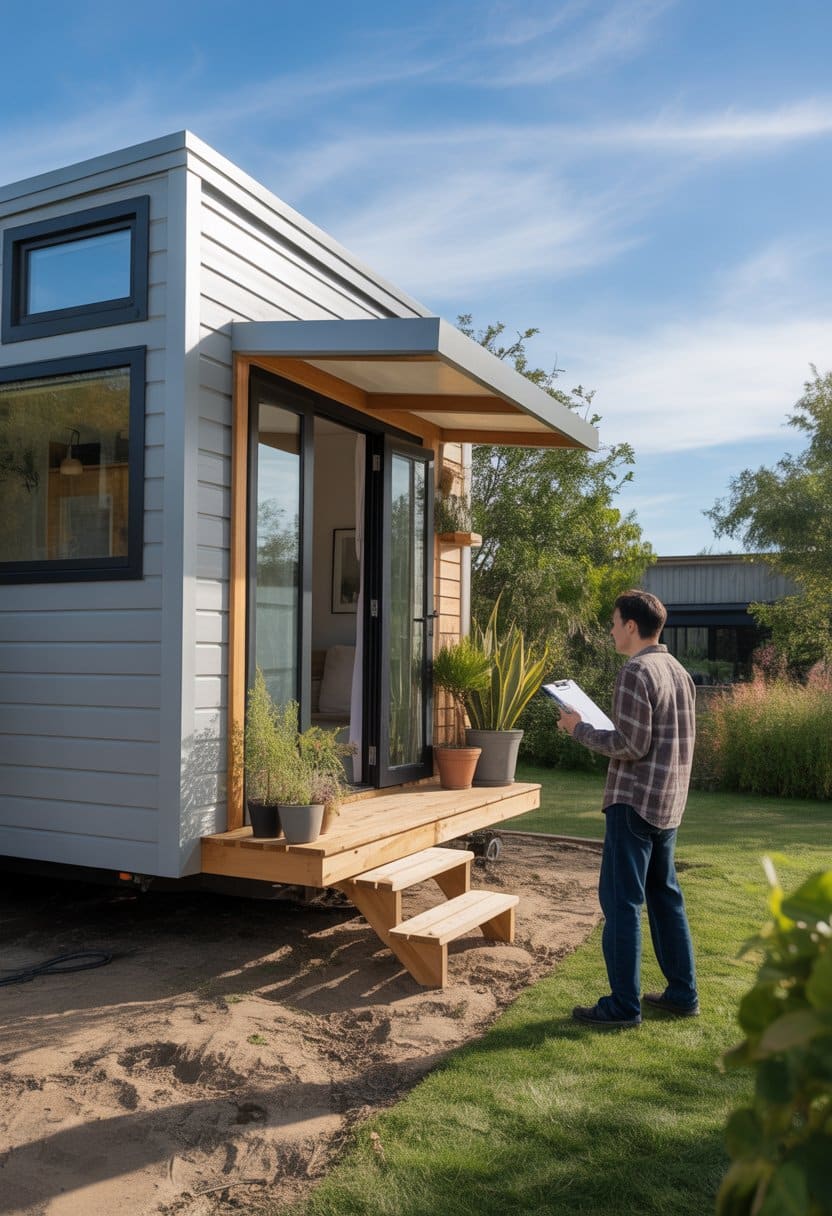 A modern tiny home outdoors with a person examining it in a garden setting under a clear sky.