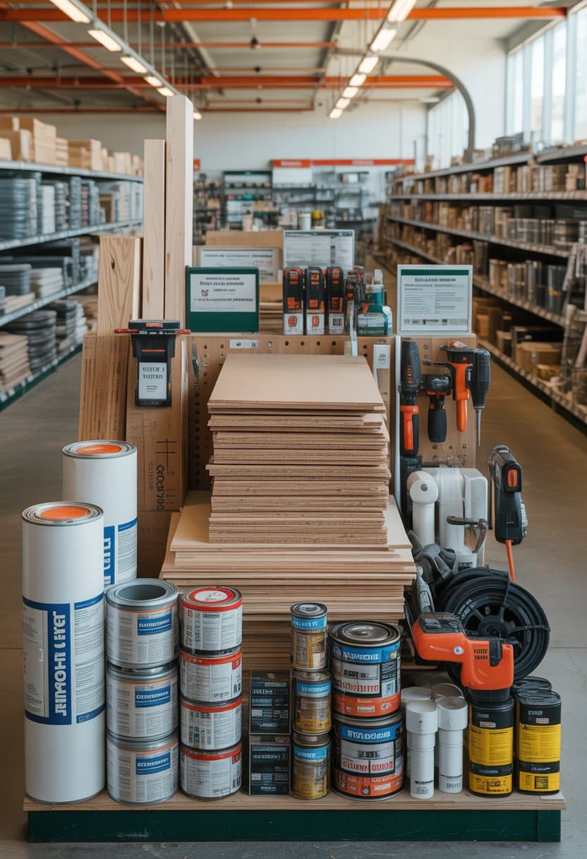 A bright home improvement store aisle filled with building materials and tools for constructing a tiny home.
