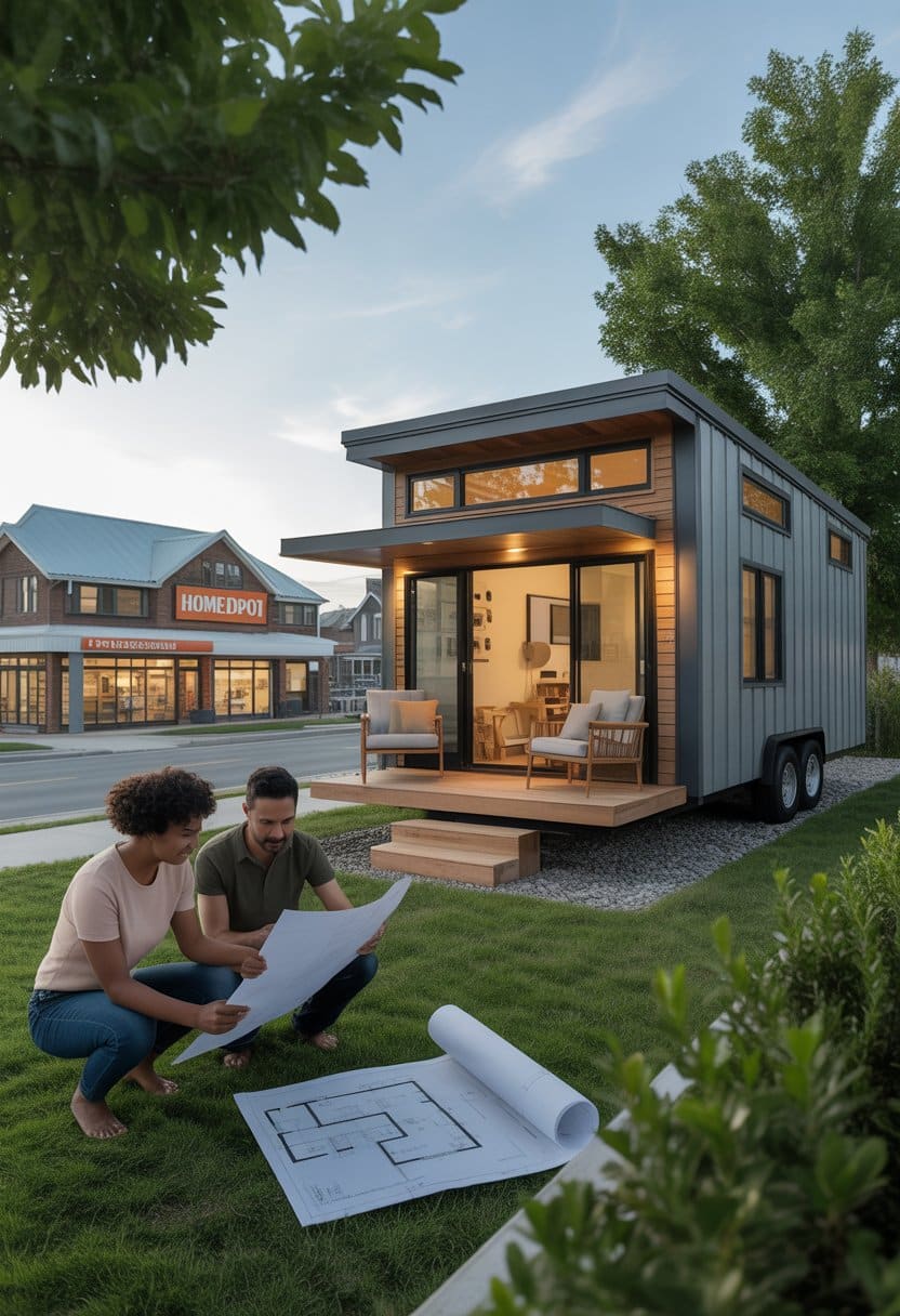 A couple reviewing blueprints outside a modern tiny home with a Home Depot store visible in the background.