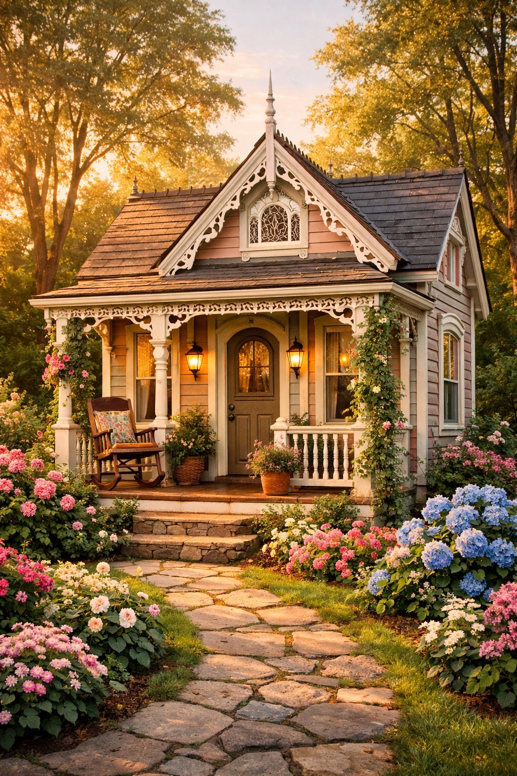 A small Victorian-style house surrounded by colorful flowers and greenery with a stone pathway leading to its front porch.