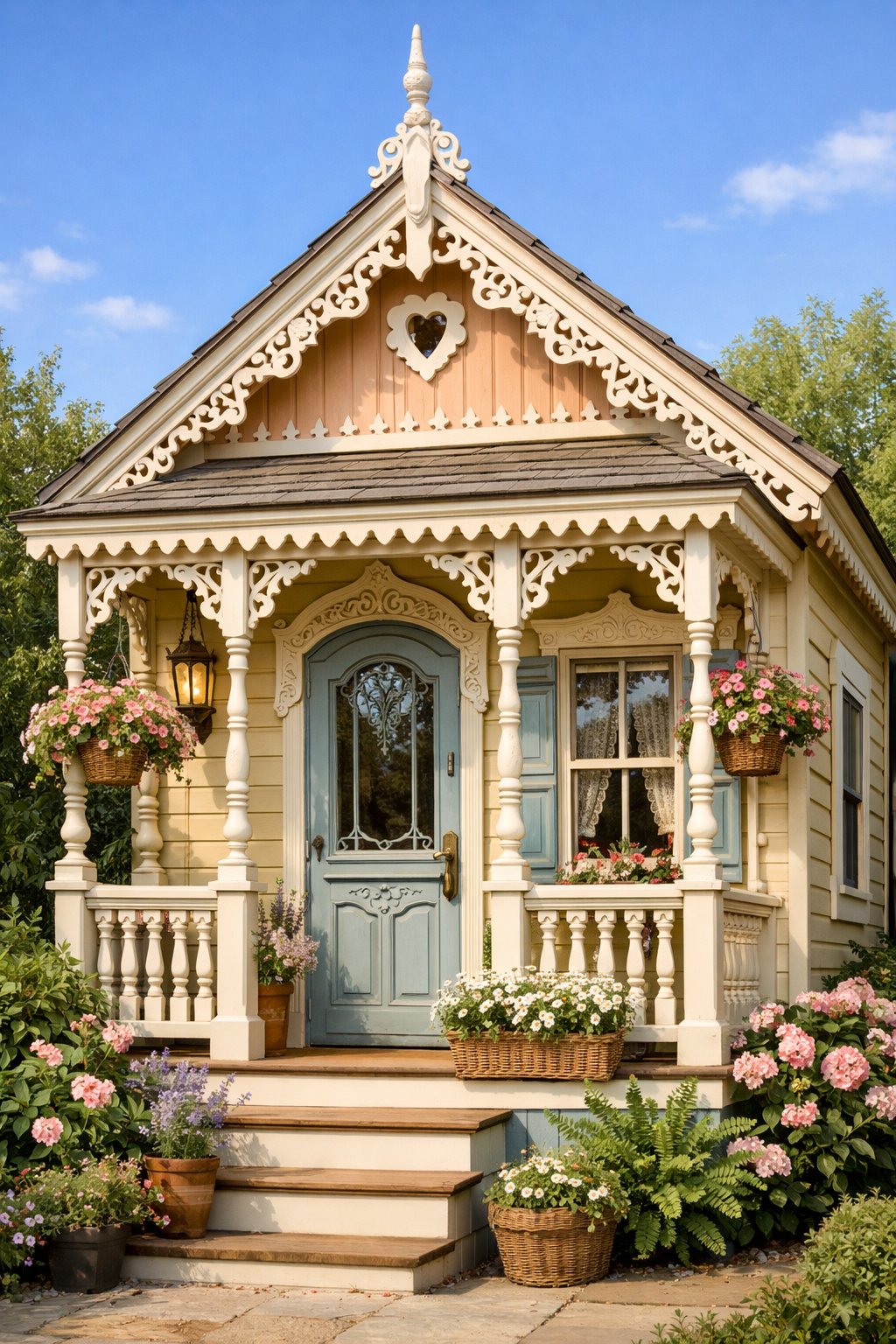 A small house with detailed wooden decorations on the exterior, surrounded by plants and greenery under a clear sky.
