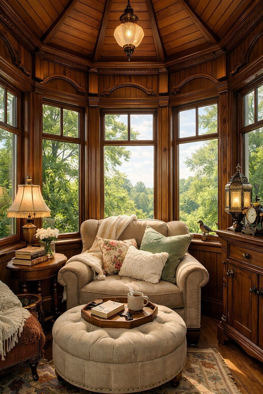 Cozy turret room with tall panoramic windows showing greenery outside, furnished with a comfortable armchair and warm wooden details.
