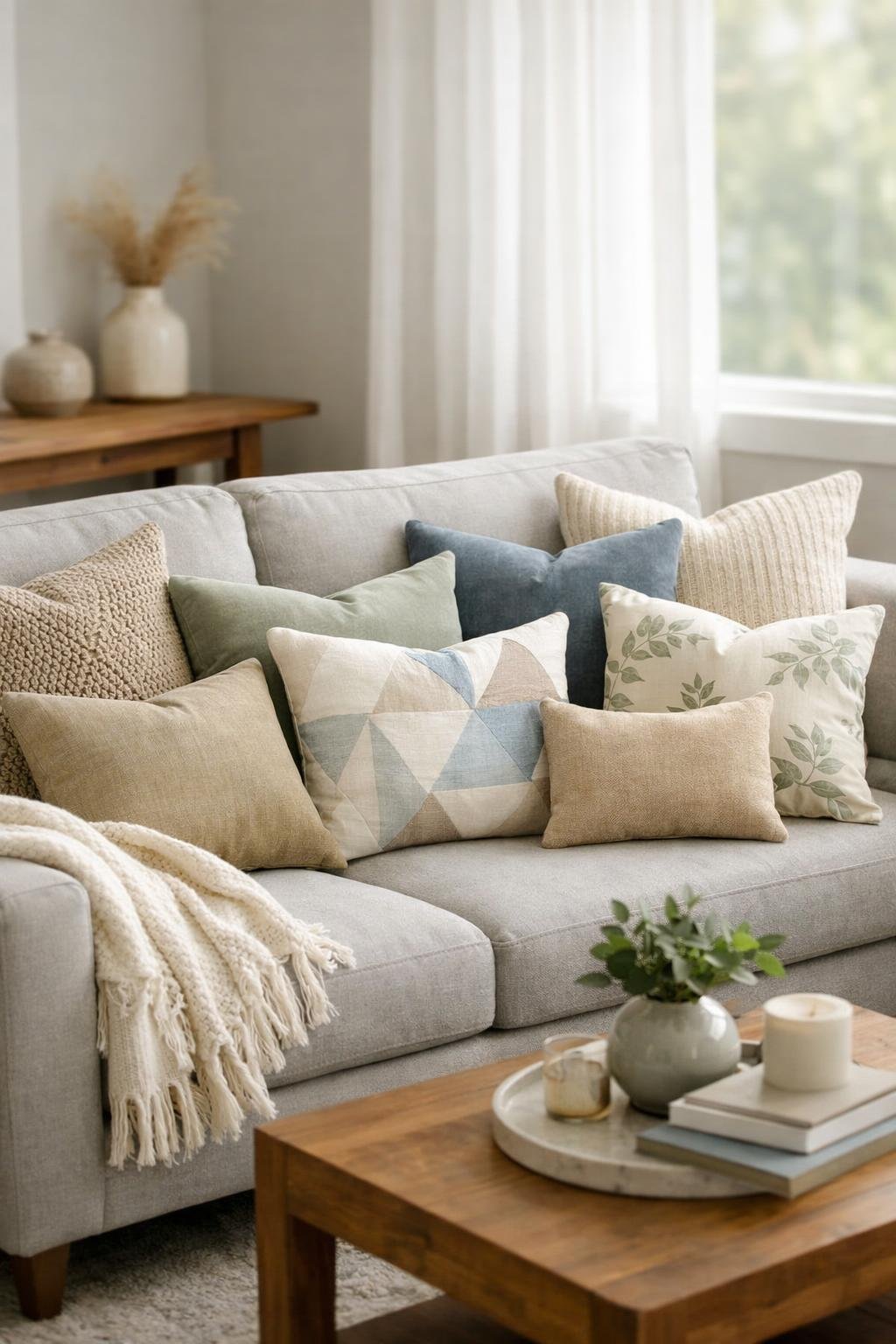 A living room sofa with a variety of decorative throw pillows in different colors, textures, and patterns arranged neatly.