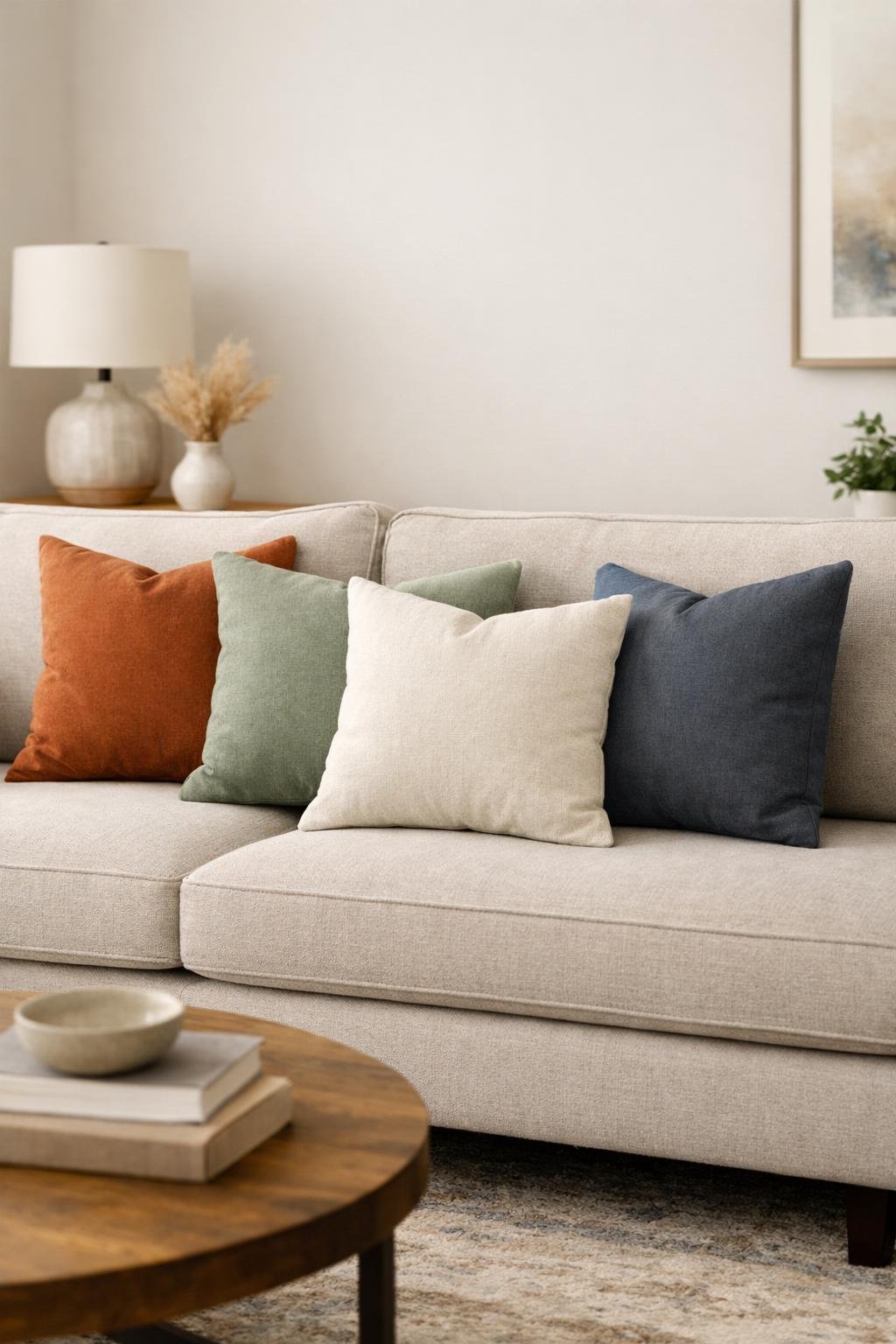 A sofa with several solid-colored throw pillows arranged neatly on it in a living room.