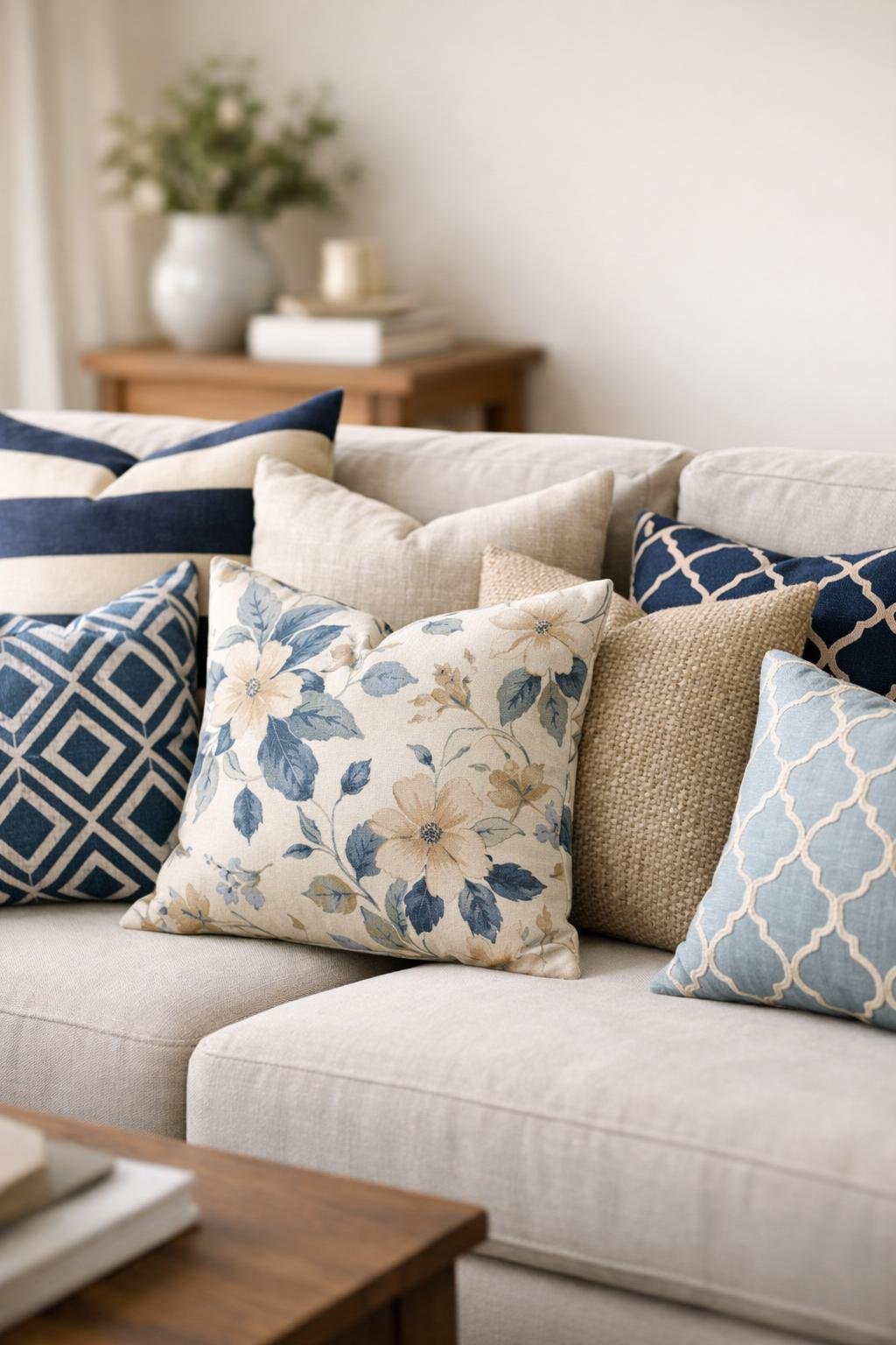 A living room sofa with a variety of throw pillows featuring stripes, floral, and geometric patterns arranged together.