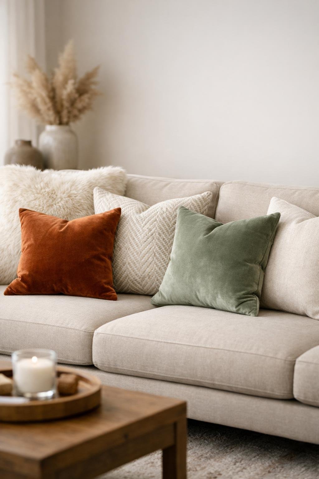 A living room sofa with a variety of throw pillows in velvet, linen, and faux fur textures arranged together.