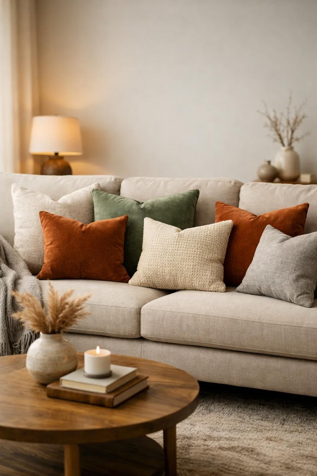 A living room sofa with a layered arrangement of throw pillows in different sizes and colors.
