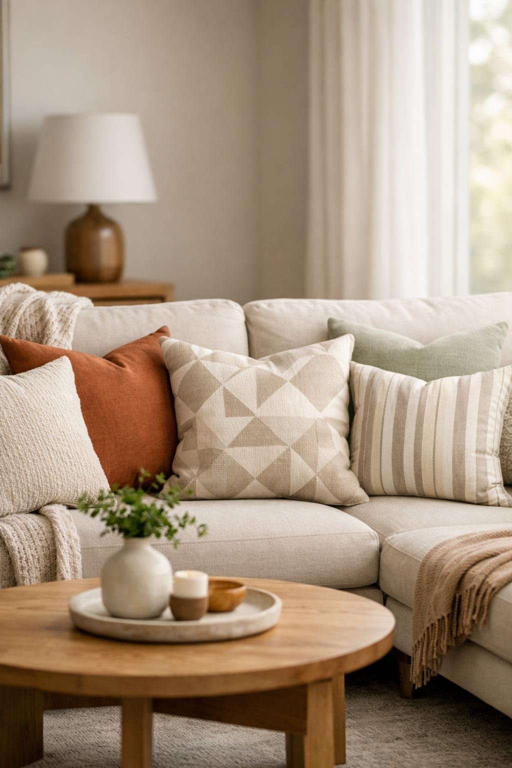 A sofa with a coordinated arrangement of throw pillows in colors matching the room, with a cozy blanket and natural light from a window.