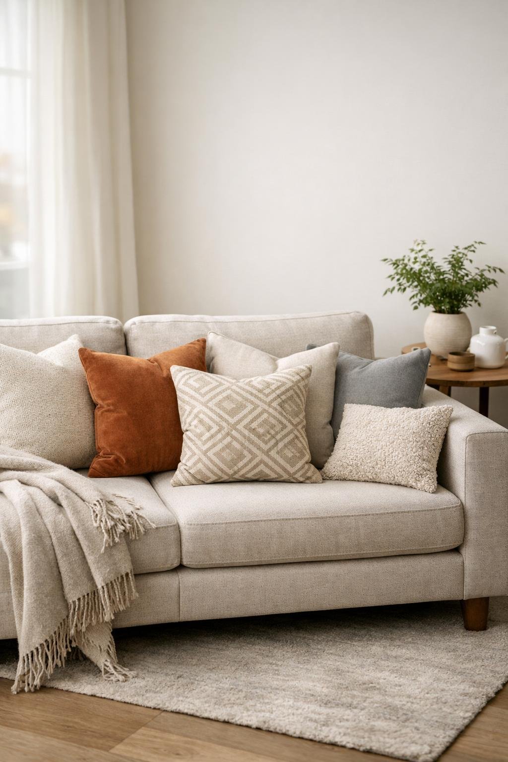 A living room corner with a modern sofa arranged with a balanced combination of throw pillows in neutral and warm colors, accompanied by a small side table with a plant.
