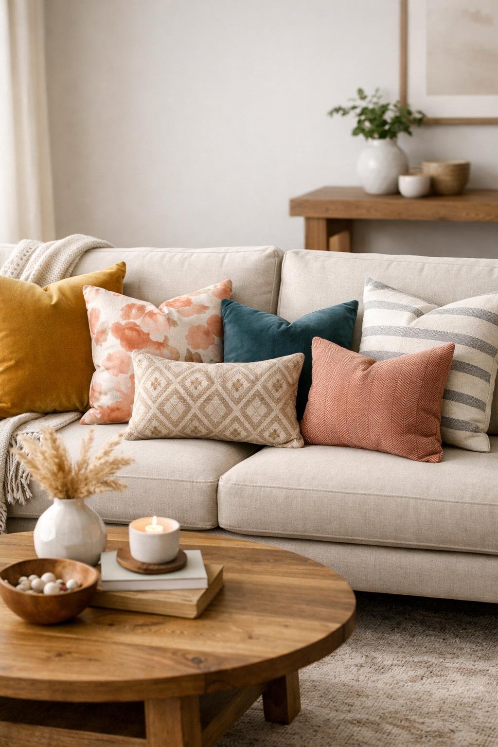 A living room sofa with a variety of throw pillows in different patterns and textures arranged neatly.
