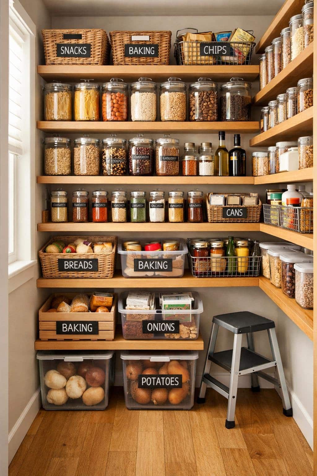A small pantry with deep shelves neatly organized with jars, baskets, and containers holding various food items.