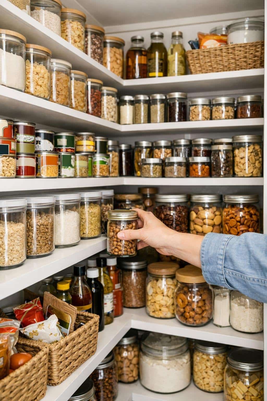 A small pantry with deep shelves neatly organized with containers and food items, with a hand reaching to grab something from the shelf.