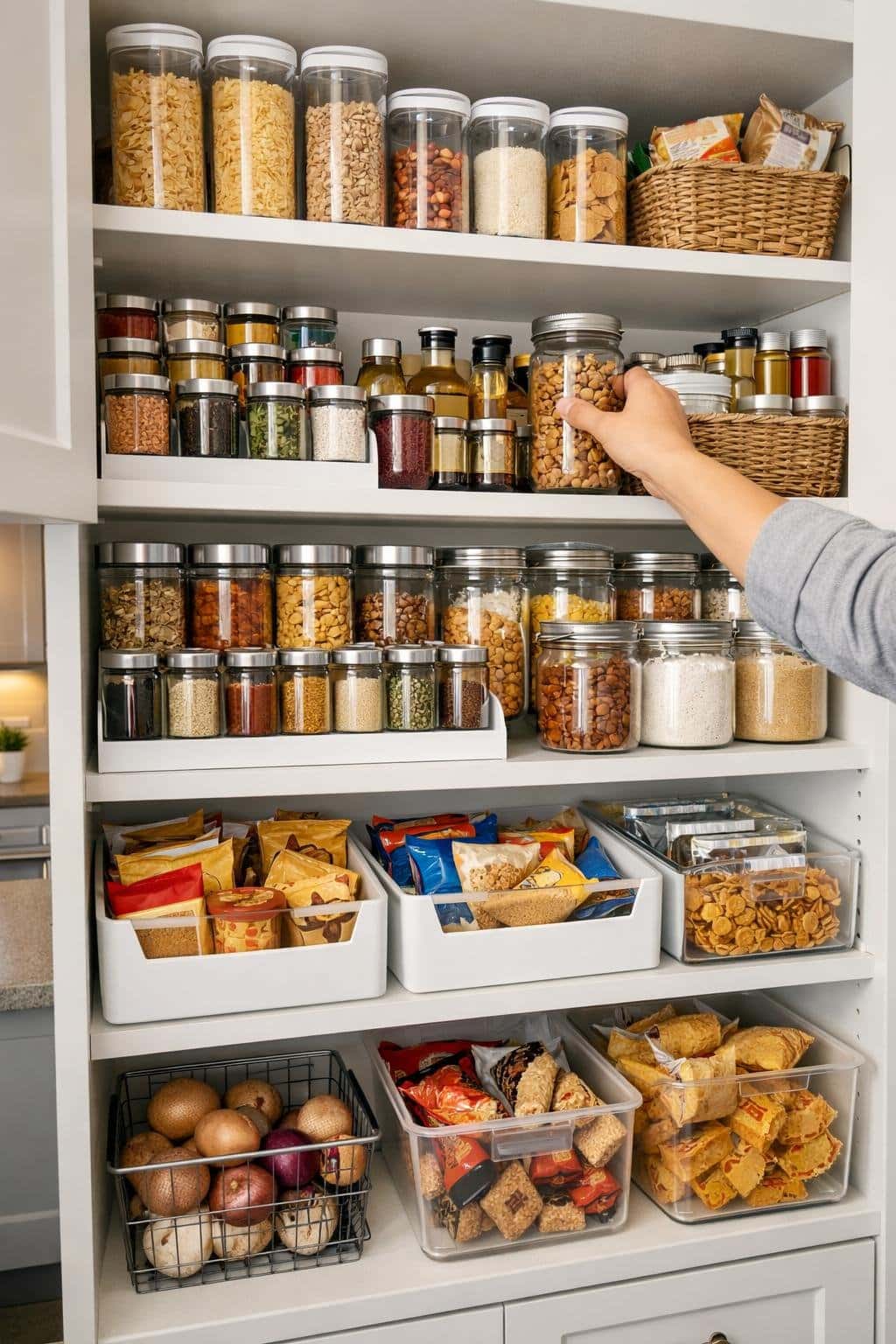 A small pantry with deep shelves neatly organized with clear containers, jars, and pull-out drawers, showing easy access to food items.