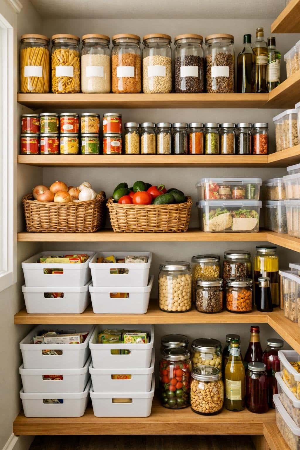 A small pantry with deep shelves neatly organized with jars, canned goods, baskets, and storage bins.