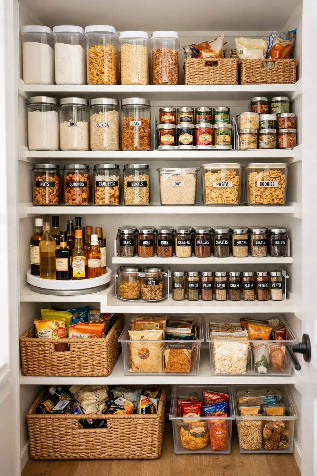 A small pantry with deep shelves neatly organized with clear containers, jars, and baskets holding various food items.