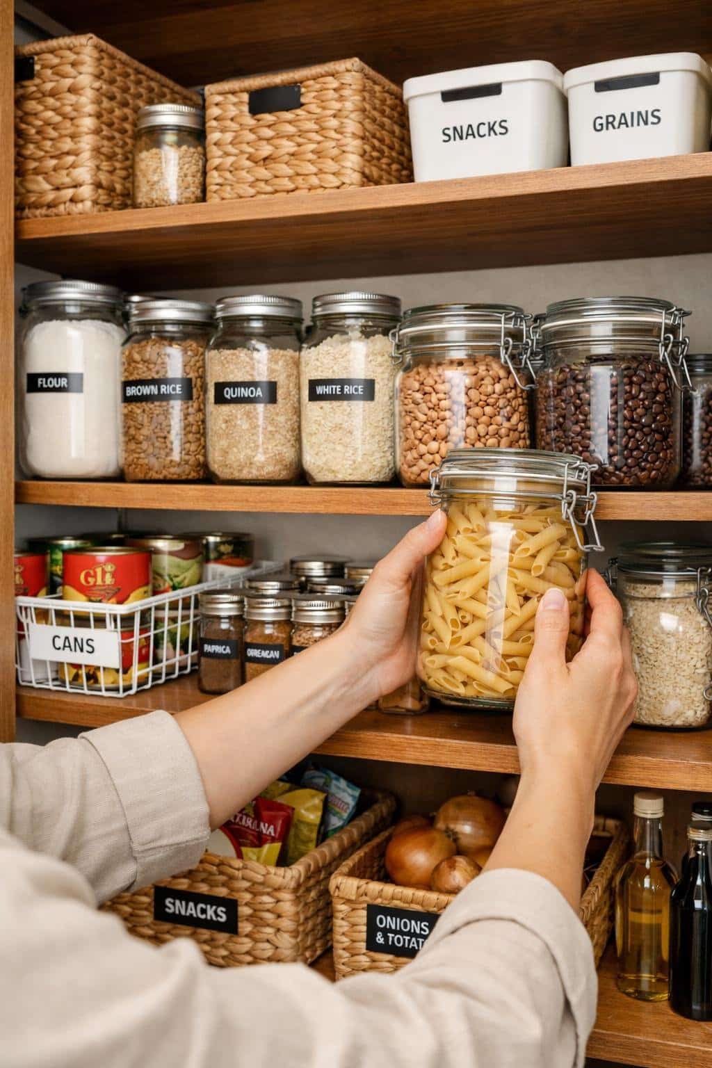 Hands organizing clear jars and containers on deep wooden pantry shelves filled with various dry goods.