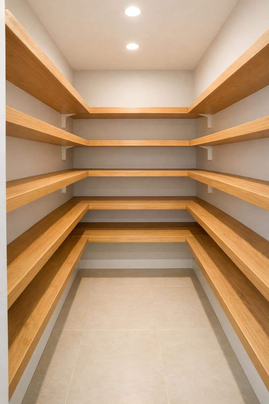 Empty and clean small pantry with deep wooden shelves and bright lighting.