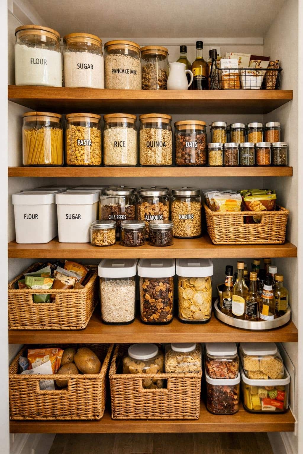 A small pantry with deep shelves neatly organized with jars, containers, and baskets holding various dry food items.