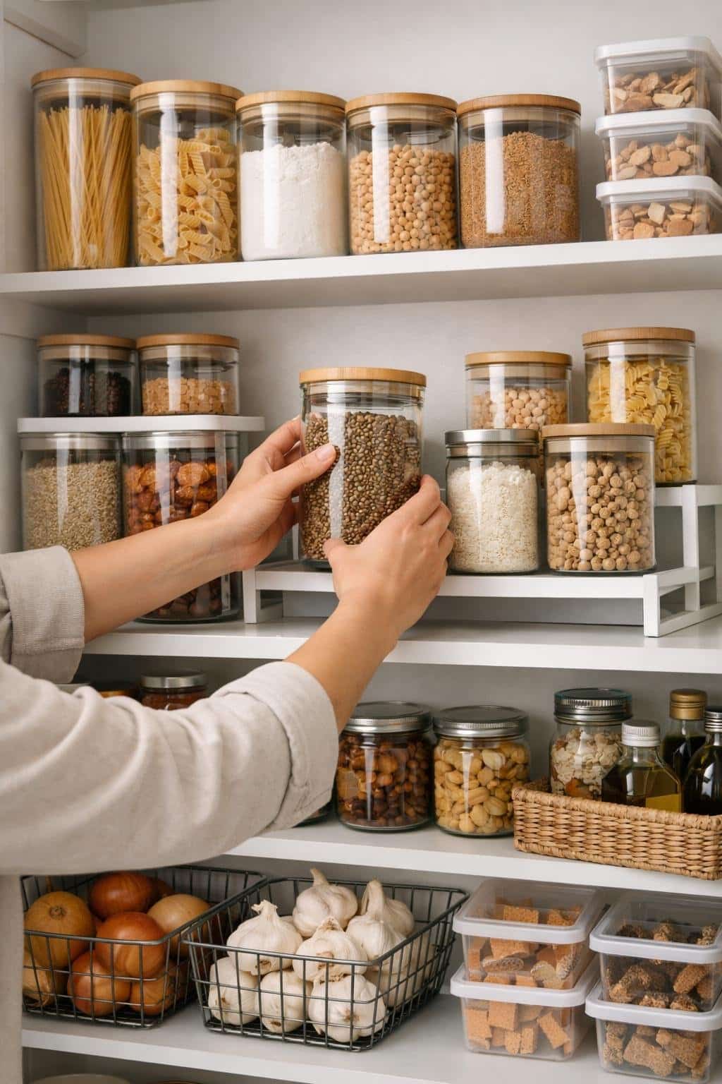A person organizing a small pantry with deep shelves filled with clear jars, containers, and baskets of food items.