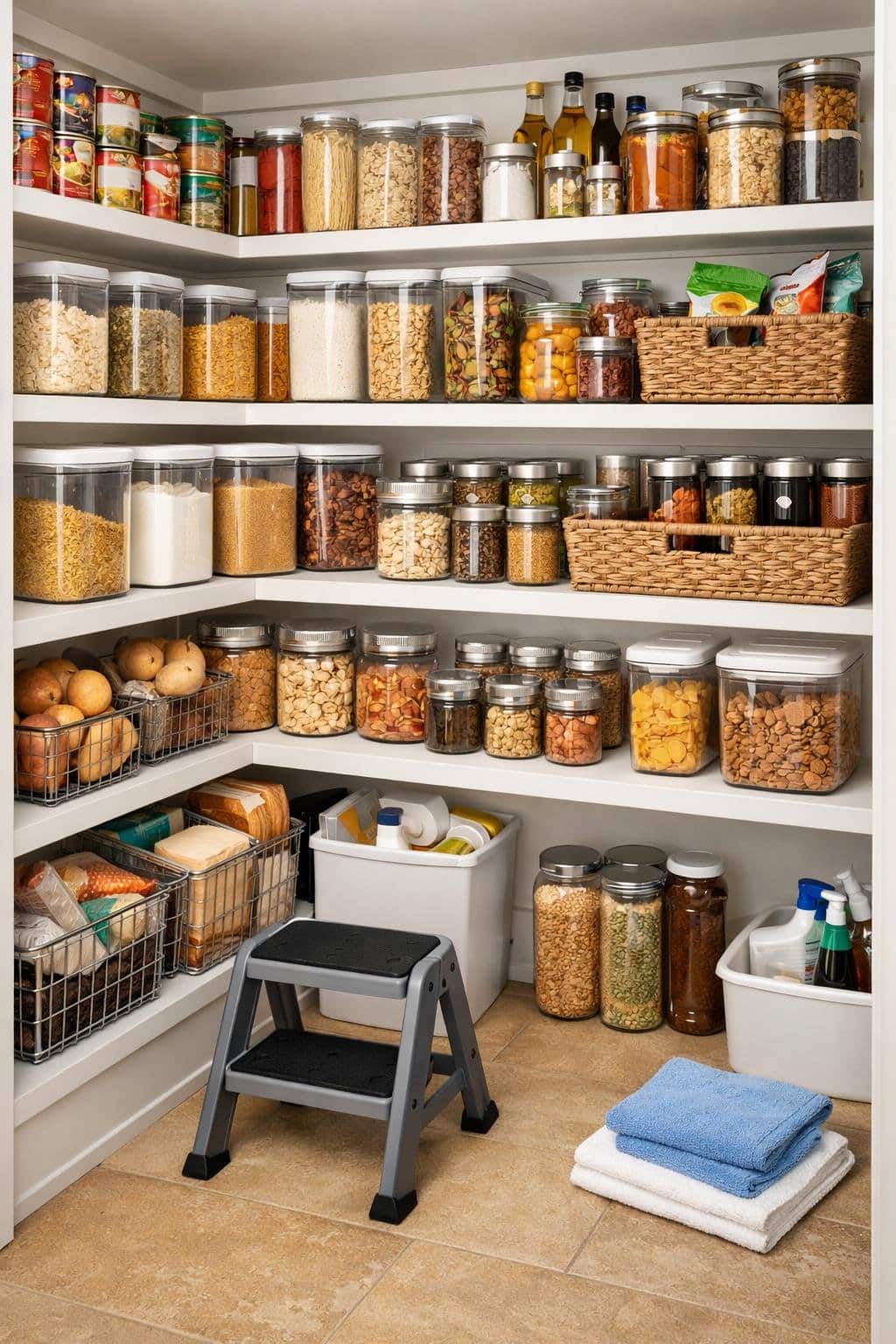A small pantry with deep shelves neatly organized with labeled containers and baskets holding various food items.