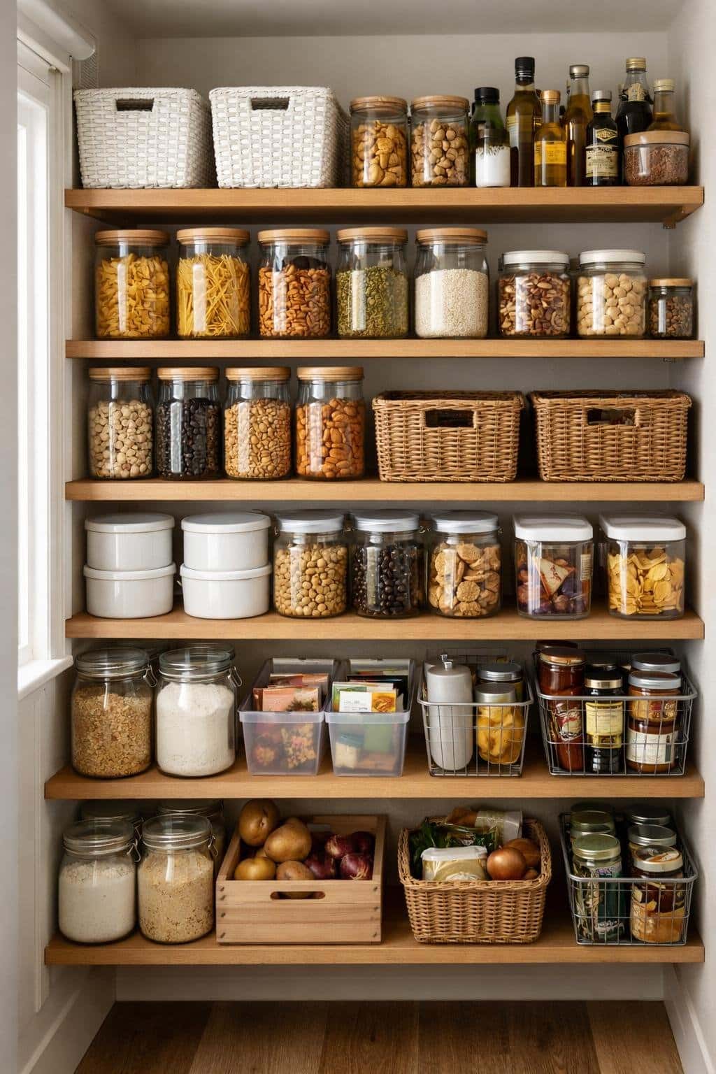 A small pantry with deep shelves neatly organized with clear jars and baskets containing dry food items.