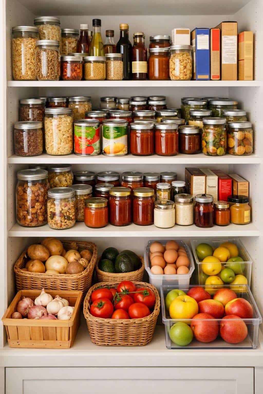 A small pantry with deep shelves neatly organized with food items arranged to show inventory rotation for preventing food waste.