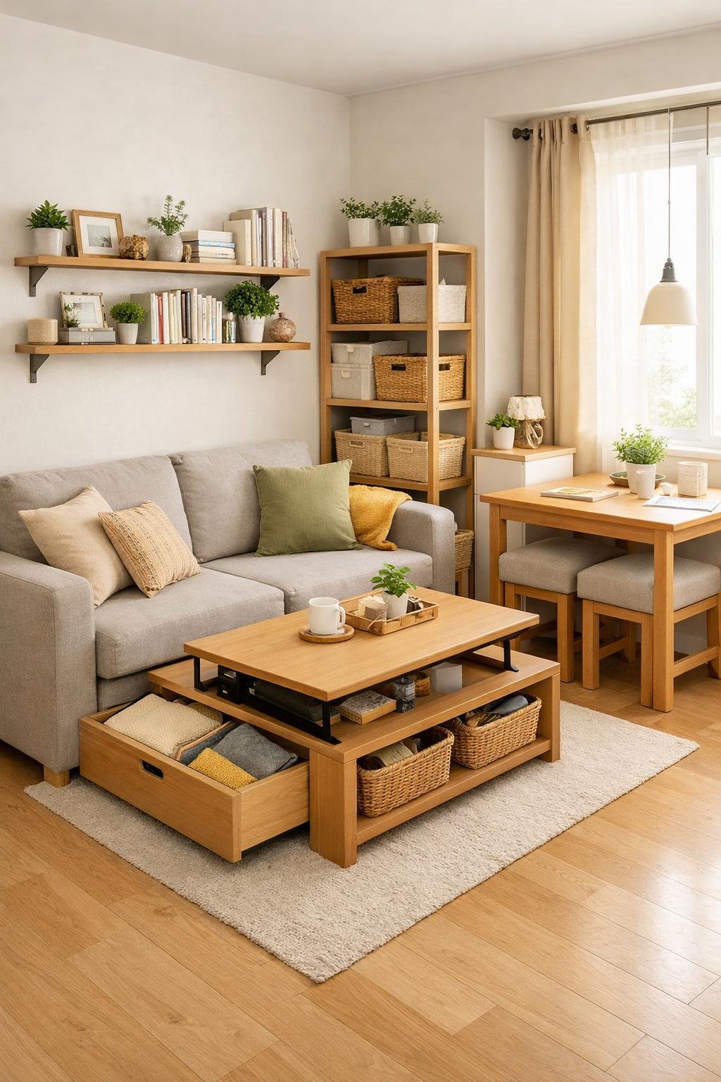 A small apartment living room with smart storage solutions including built-in drawers, wall shelves, and organized baskets, creating a neat and cozy space.